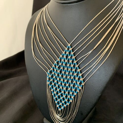 Turquoise Liquid Silver Heishi Necklace | 7 Strand Sterling Silver Tubes | 19" | 12628