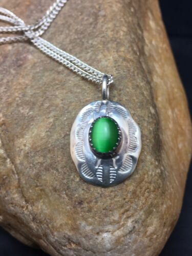 Navajo Green Turquoise Pendant Necklace | Sterling Silver | Native American Handmade | 19" | 8956