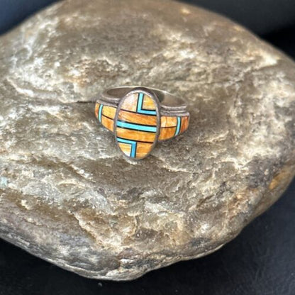Southwestern Women's Navajo Blue Turquoise Spiny Oyster Inlay Ring | Sz 7 | 14556