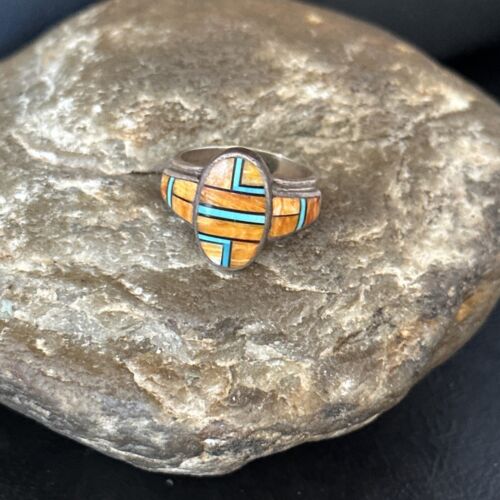 Southwestern Women's Navajo Blue Turquoise Spiny Oyster Inlay Ring | Sz 7 | 14556