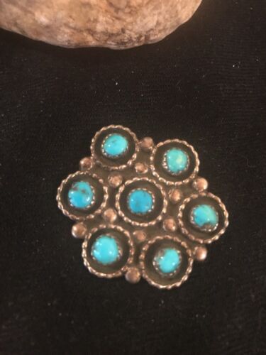 Native American Kingman Turquoise Cluster Pin | Navajo Sterling Silver | 8017
