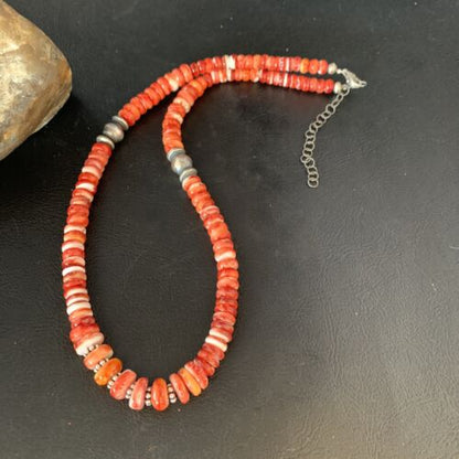 Navajo Red Spiny Oyster Graduated Necklace | Sterling Silver | Authentic Native American | 18" | 13616