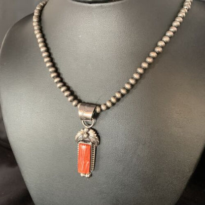 Navajo Red Spiny Oyster Square Pendant Necklace | Sterling Silver | Authentic Native American Handmade | 13635