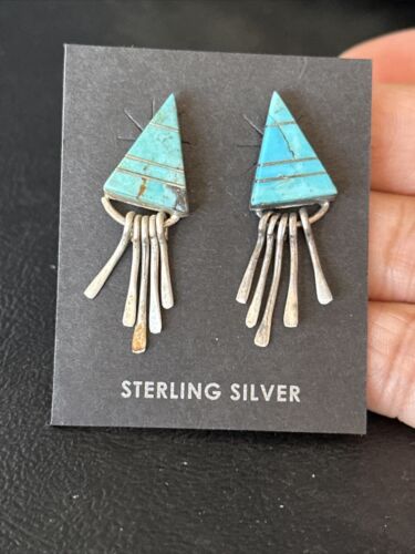 Navajo Blue Turquoise Inlay Earrings | Sterling Silver | 1" | Authentic Native American Handmade | 14774