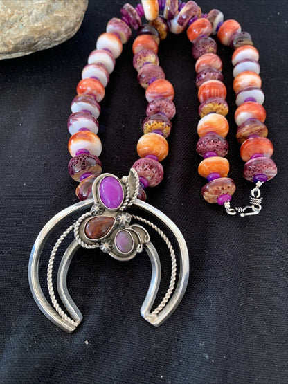 Navajo Purple Red Spiny Sugilite Necklace | Authentic Native American Sterling Silver | Naja Pendant | 00911