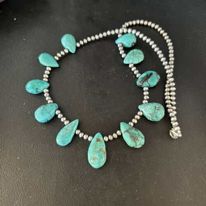 Navajo Teardrop Blue Turquoise Necklace | Sterling Silver Pearls | Authentic Native American Handmade | 14388