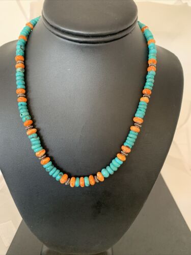 Navajo Blue Turquoise & Spiny Oyster Necklace | Sterling Silver | Authentic Native American Handmade | 18" | 1676