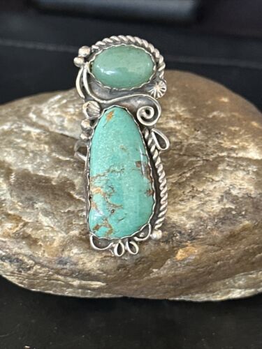 Navajo Green Turquoise Cluster Ring | Authentic Native American Sterling Silver | Multi-Stone | Sz 12 | 14696