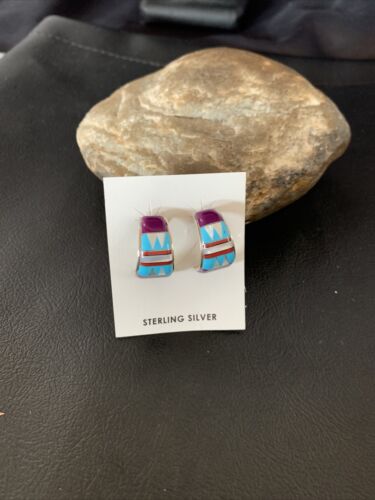 Navajo Turquoise Purple Sugilite Mother of Pearl Dangle Inlay Earrings | Sterling Silver | 12909
