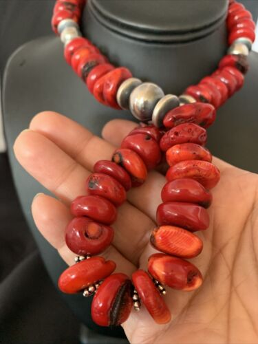 Navajo Red Coral Bead Necklace | Sterling Silver | 20" | Authentic Native American Handmade | 13375