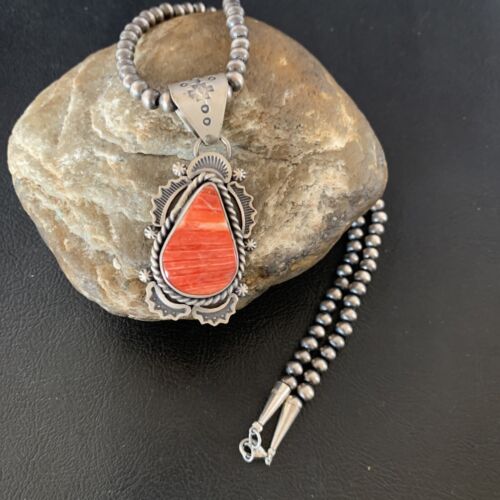 Navajo Red Spiny Oyster Pendant | Sterling Silver | 2" | Authentic Native American Handmade | 13320