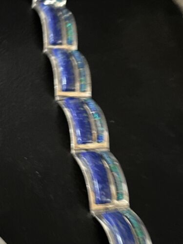 Native American Women's Blue Opal Lapis Inlay Link Bracelet | 7" | Sterling Silver | 14272