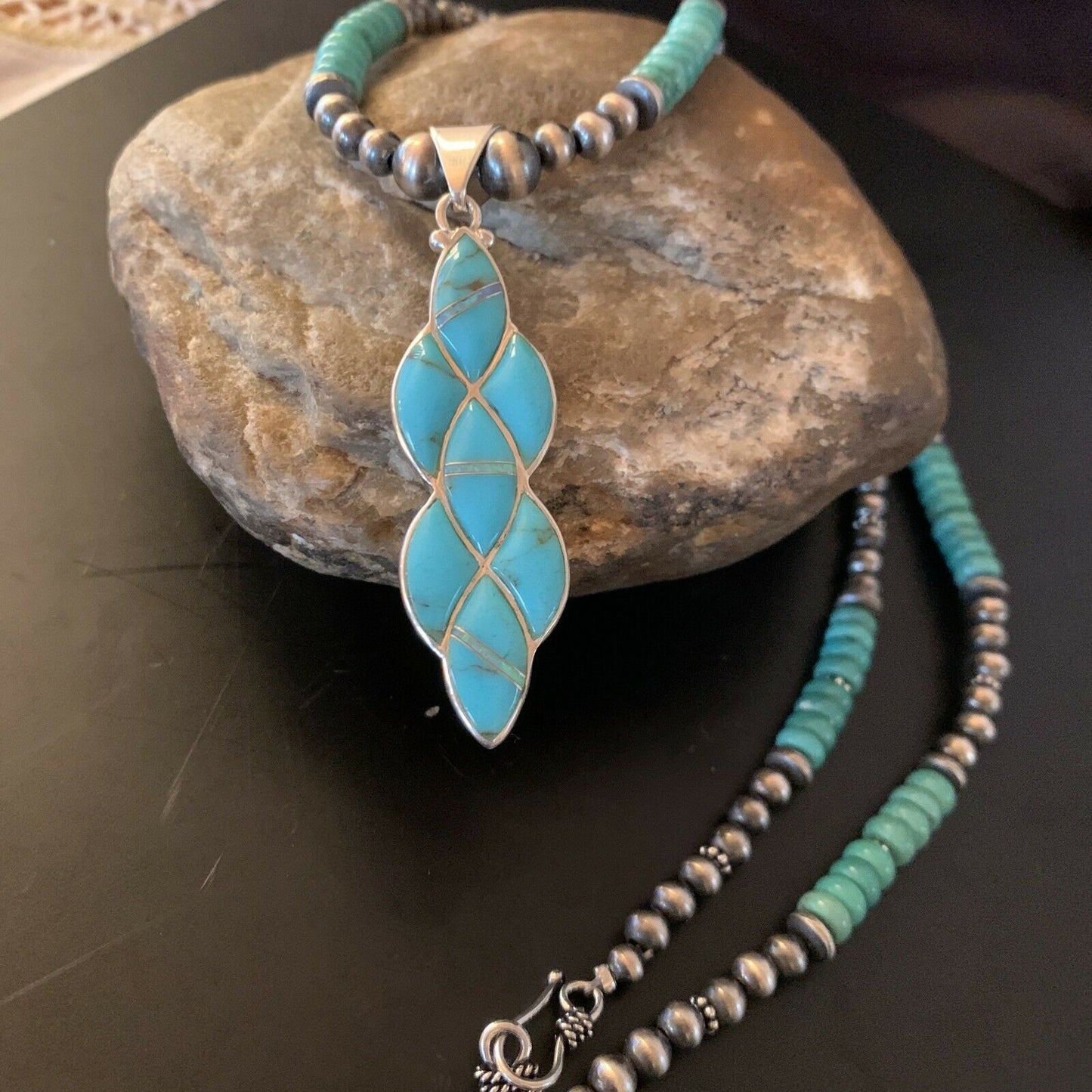Authentic Native American Navajo Sterling Silver Pendant | Blue Turquoise & Opal Inlay Necklace | 11471
