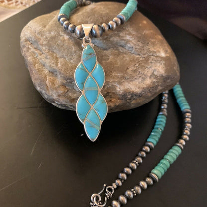 Authentic Native American Navajo Sterling Silver Pendant | Blue Turquoise & Opal Inlay Necklace | 11471