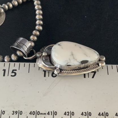 White Buffalo Turquoise Pendant Necklace | Sterling Silver | Navajo | Authentic Native American Handmade | 14049