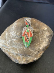 Navajo Pink Coral & Green Gaspeite Inlay Pendant | Sterling Silver | Authentic Native American Handmade | 12483