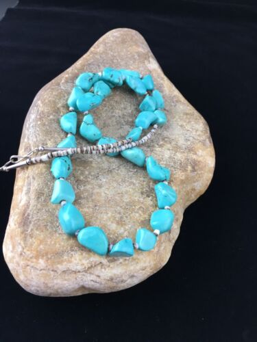 Navajo Blue Nugget Turquoise Heishi Necklace | Sterling Silver | 22" | Authentic Native American Handmade | 10064