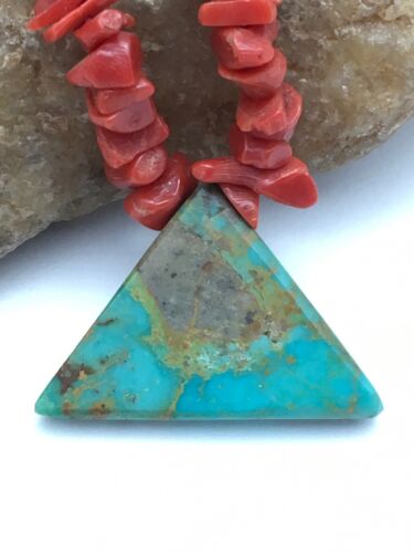 Navajo Kingman Turquoise and Coral Pendant Necklace | Brass | 19" | Authentic Native American Handmade | 4030 - Masha USA