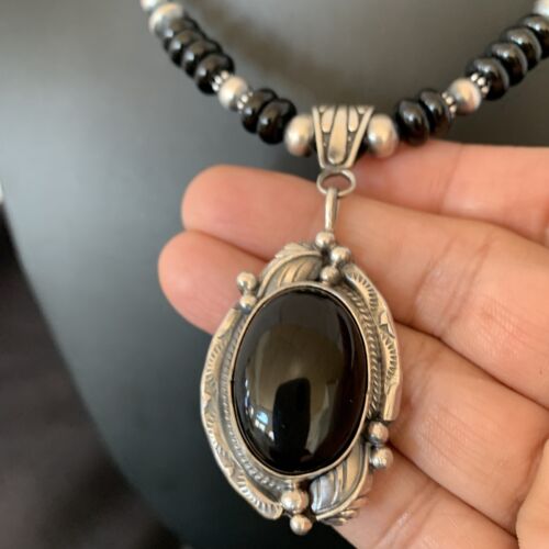 Native American Men's Navajo Pearl Necklace Pendant | Sterling Silver Black Onyx | 10805
