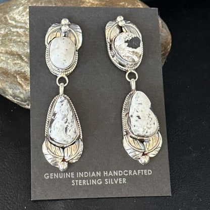 Navajo White Buffalo Turquoise Dangle Earrings | Sterling Silver | 2.5" | Authentic Native American Handmade | 14742