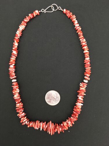 Navajo Red Spiny Oyster Necklace | Sterling Silver | Authentic Native American | 18" | 4767