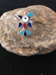 Zuni Peyote Bird Ring | Turquoise Onyx Coral Mother of Pearl Inlay | Sz 6.6 | Sterling Silver | 10792