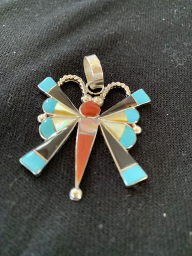 Zuni Turquoise Spiny Oyster Mother of Pearl Butterfly Necklace Pin Pendant | Inlay | Sterling Silver | 1367