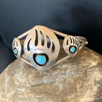 Navajo Turquoise Bear Paw Cuff Bracelet | Sterling Silver | Authentic Native American Handmade | 12875