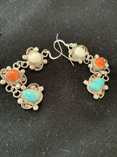 Navajo Spiny, Turquoise & Howlite Dangle Earrings | Sterling Silver | Authentic Native American Handmade | 1574