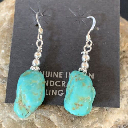 Navajo Turquoise Bead Nugget Earrings | Sterling Silver Pearls | 1" | Authentic Native American Handmade | 12896