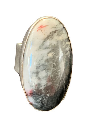 Southwestern Navajo Cinnabrite Ring | White Black | Sterling Silver | Sz 7.5 | 01561