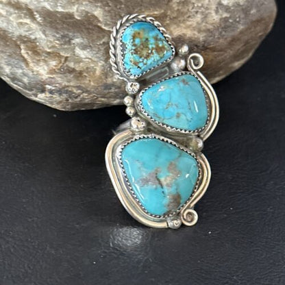 Navajo Blue Kingman Turquoise Multi-Stone Ring | Authentic Native American Sterling Silver | Sz 9.5 | 14551