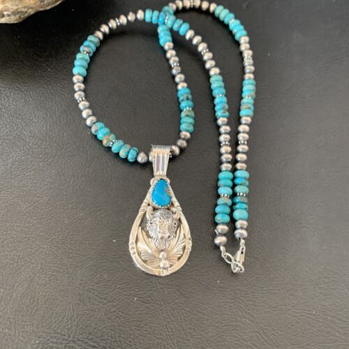 Navajo Pearl Necklace with Blue Turquoise Bullhead Pendant | Authentic Native American Sterling Silver | Multi-Stone | 11755