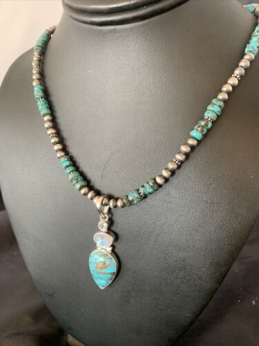 Navajo Pearls Necklace with Blue Mojave Turquoise Moon Pendant | Authentic Native American Sterling Silver | Multi-Stone | 11912