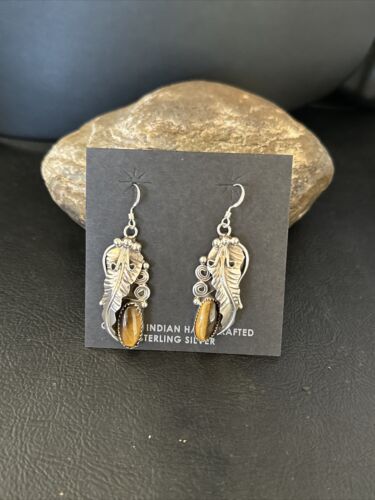 Navajo Coffee Tigers Eye Dangle Earrings | Sterling Silver | Authentic Native American Handmade | 14759 - Masha USA
