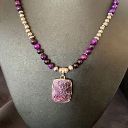 Navajo Pearls Purple Sugilite Onyx Necklace Pendant | Sterling Silver | Authentic Native American Handmade | 13395