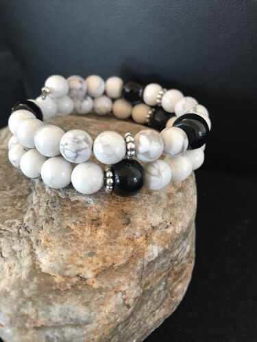 Navajo White Howlite Turquoise Onyx Bead Bracelet | Sterling Silver | Authentic Native American Handmade