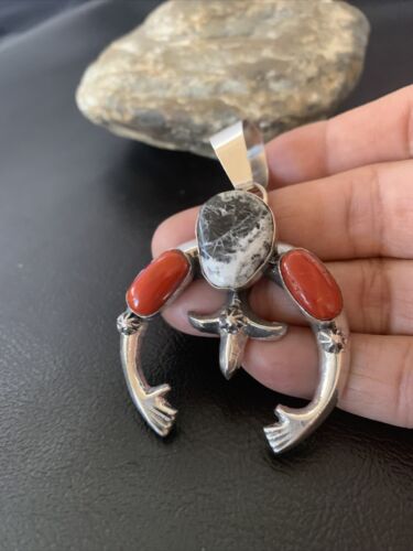Navajo White Buffalo Turquoise Coral Naja Pendant | Sterling Silver | Authentic Native American Handmade