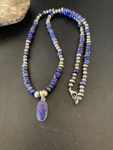 Native American Navajo Blue Lapis Pendant Necklace | Sterling Silver | Authentic Handmade | 12247 - Masha USA