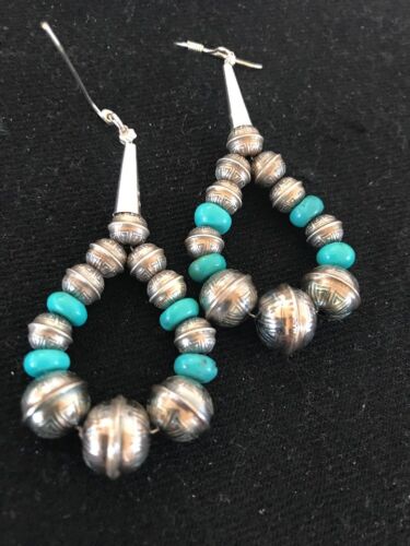 Navajo Turquoise Bead Earrings | Sterling Silver | Stamped | Native American | 10202