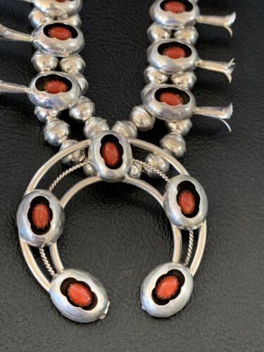 Navajo Coral Squash Blossom Necklace & Earrings Set | Sterling Silver | Authentic Native American Handmade | 13361
