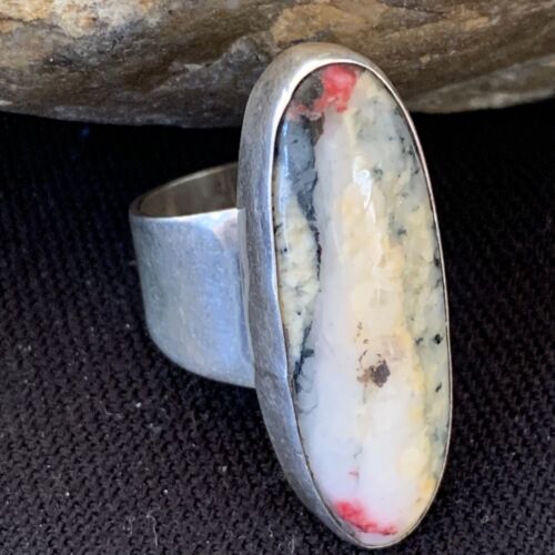 Southwestern Navajo Cinnabrite Ring | White Black | Sterling Silver | Sz 7.5 | 1558