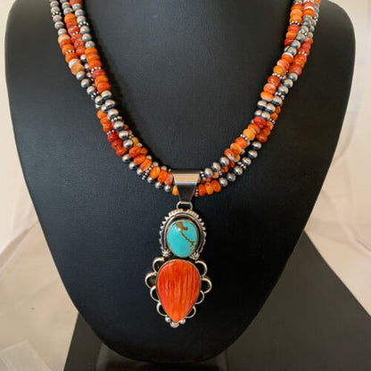 Navajo Pearl Necklace with Turquoise & Spiny Oyster Pendant | Sterling Silver | Multi-Strand | 1677