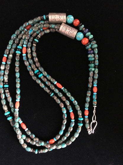 Navajo Blue Spiderweb Turquoise Coral Necklace | Sterling Silver | 3-Strand 29" | 1722