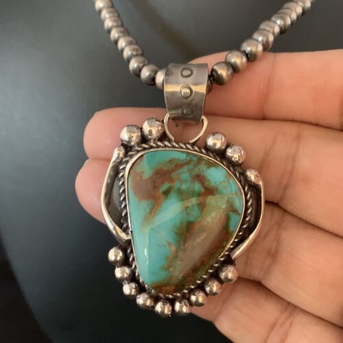 Men's Navajo Green Blue Turquoise Pendant Necklace | Sterling Silver | Authentic Native American Handmade | 13663