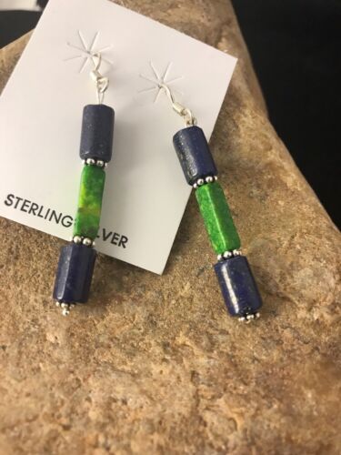 Navajo Sterling Silver Lapis Lazuli Bead Earrings | Southwestern Dangle | Handcrafted