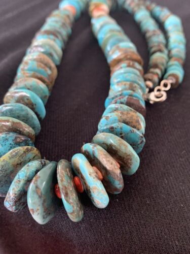 Navajo Pearls Natural Blue Turquoise & Spiny Oyster Necklace | Sterling Silver | Graduated | Authentic Native American | 28" | 00381