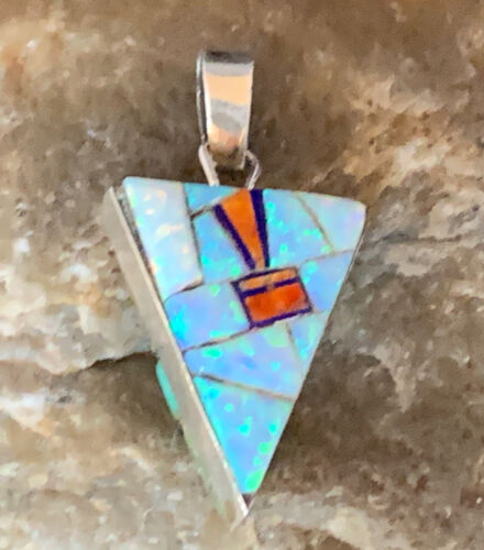 Navajo Turquoise Spiny Opal Multi-Color Inlay Pendant | Sterling Silver | Authentic Native American Handmade | 13723