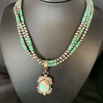Navajo Royston Turquoise Pendant | Sterling Silver | 3-Strand Spiny Necklace | Authentic Native American Handmade | 01676