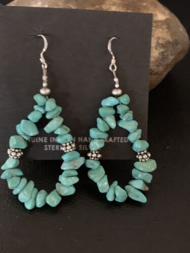 Navajo Turquoise Bead Nugget Earrings | Sterling Silver Pearls | 2" | Authentic Native American Handmade | 12888